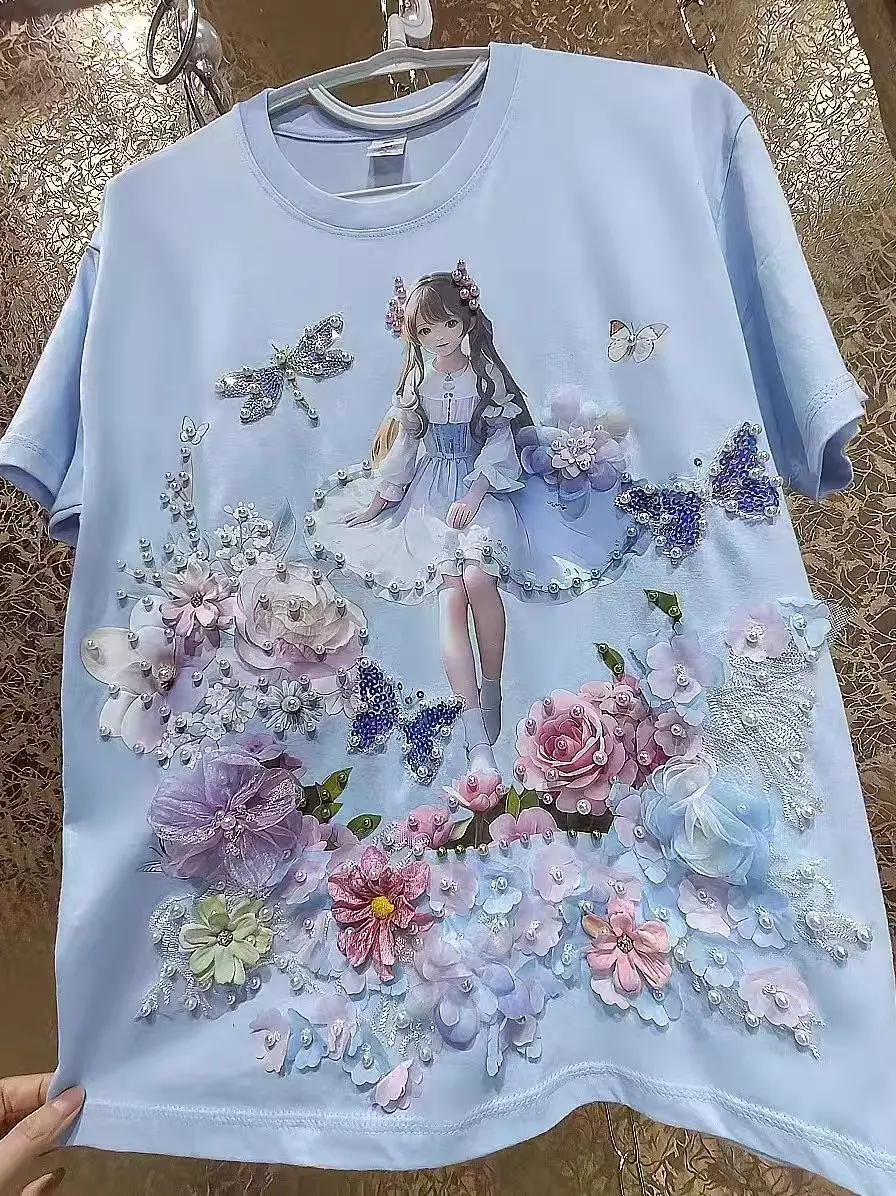 Luxury Beaded Flowers Stitch Cotton Tshirt 2025 Summer Women's Short-sleeved T-shirt Casual Loose Tops Tees T Shirt