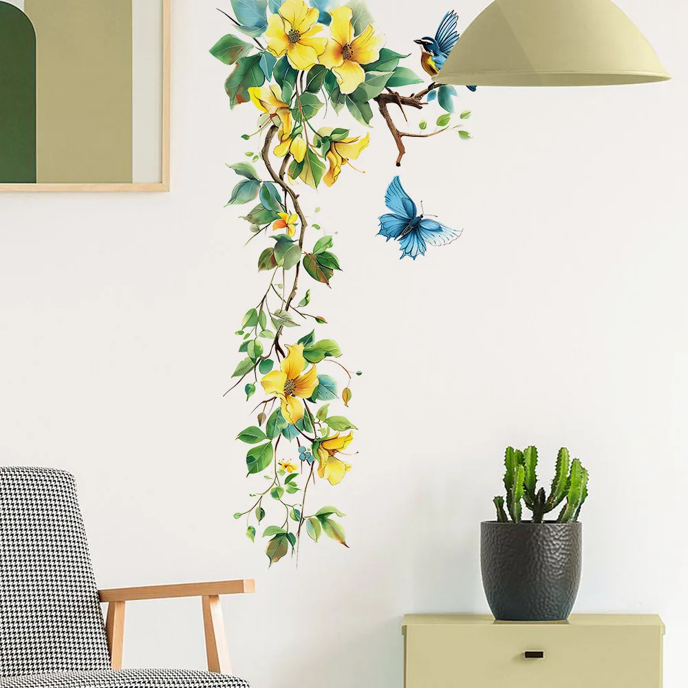 Yellow Flower Vine Butterfly Bird Wall Stickers Refrigerator Window Cupboard Home Decorations DIY Home Decals Art Mural Posters