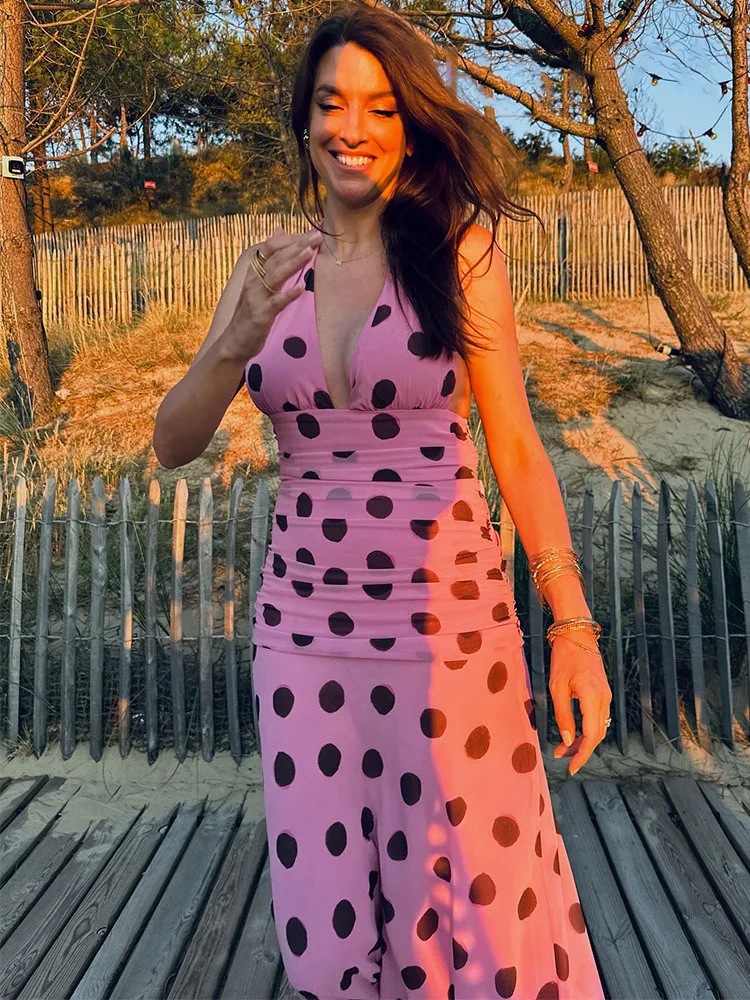

HH Women Summer Fashion Halter Neck Sexy Backless Lace-up Polka Dot Long Dress Female Elegant Slim Casual Sleeveless Dress