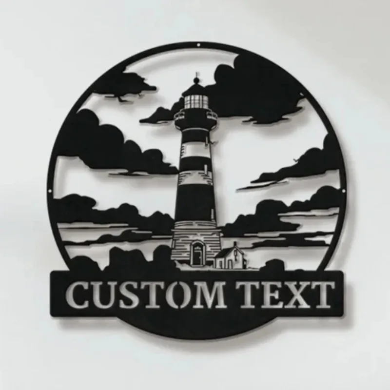

Custom Monochrome Maritime Metal Emblem Featuring Lighthouse Seaside Villa Ideal for House and Workplace Decor, Coastal Charm