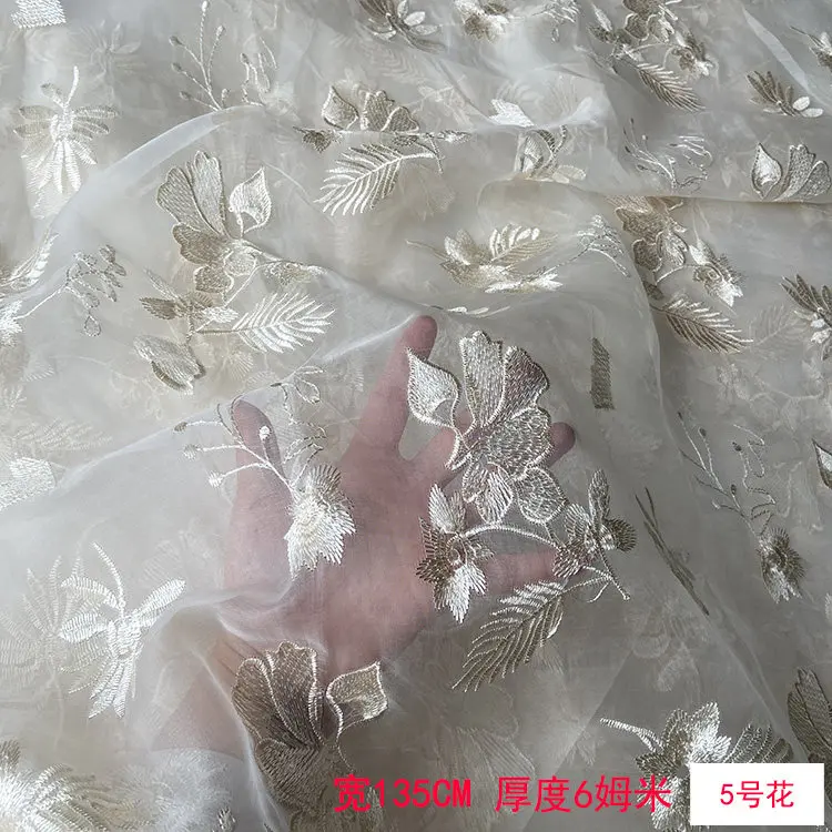 

Белая натуральная шелковая ткань из тутового шелкопряда с вышивкой, легкая органза для пошива платьев, юбок-«лошадиных усов», приятная для кожи
