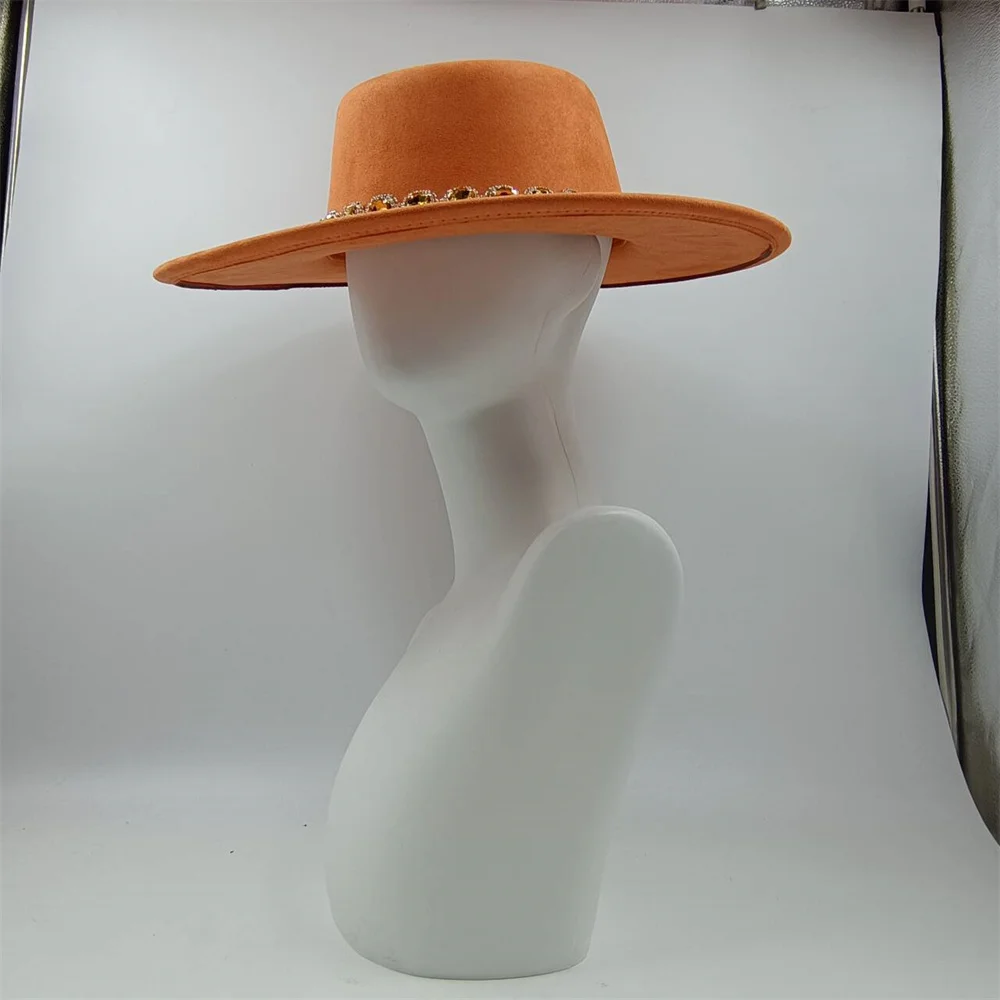 New Color Nubuck Leather Fedora Hat for Women Men Flat Top Woolen Top Hat Autumn Wide Brim Luxury sombrero mujer Rhinestone