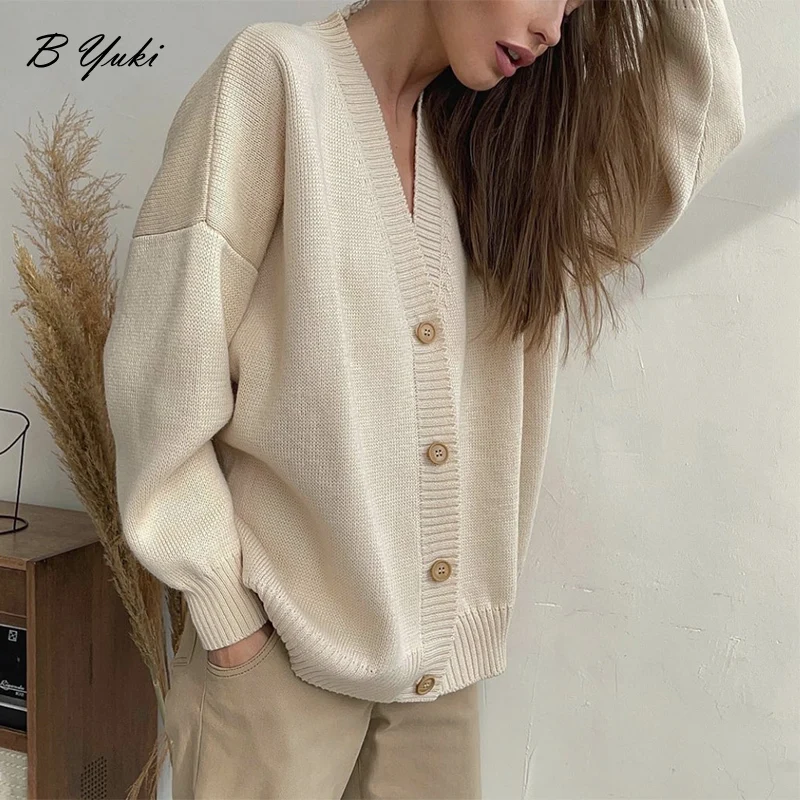 

Blessyuki Loose Knitted Cardigan Sweater Women 2023 Autumn Winter Casual Simple V-Neck Sweaters Female Vintage Solid Cardigans