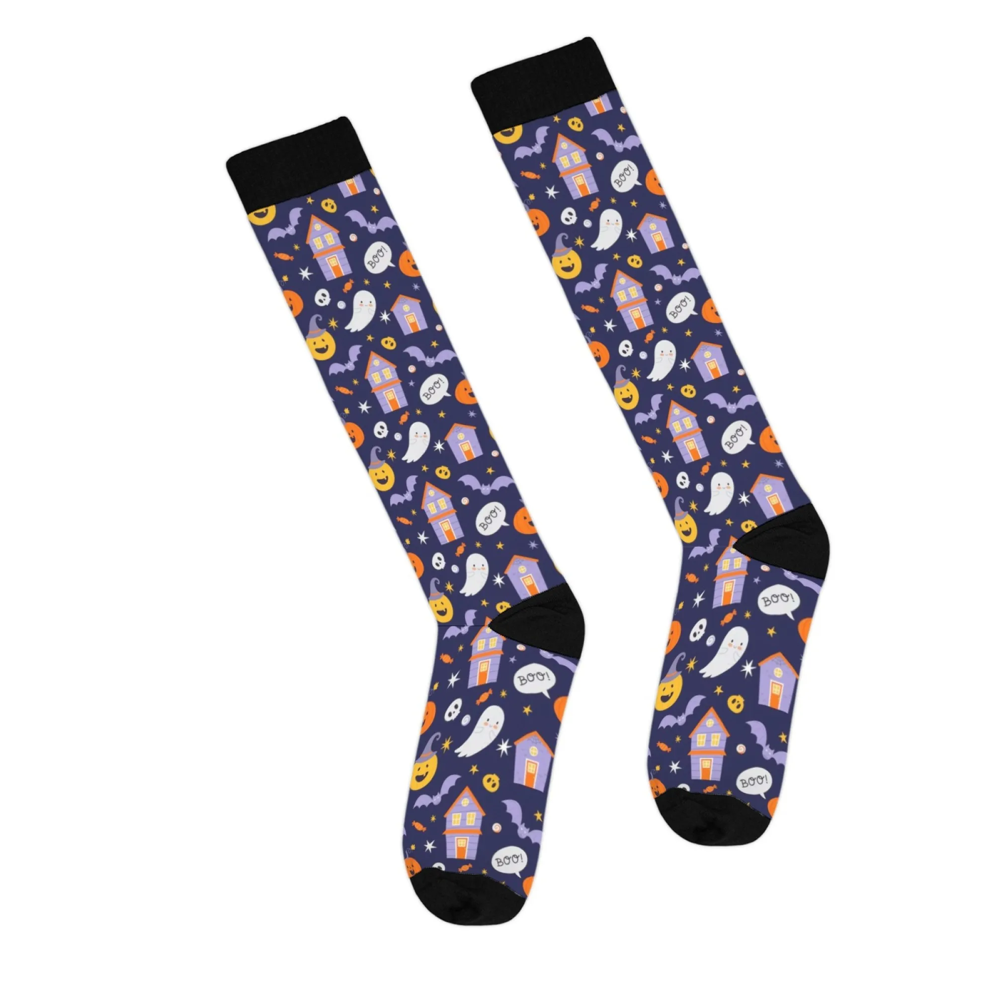 Halloween Fun Cute Cartoon Knee-High Socks Pumpkin Ghost Bat & Haunted House Patterns Dark Blue Palette Spooky Cute Vibe