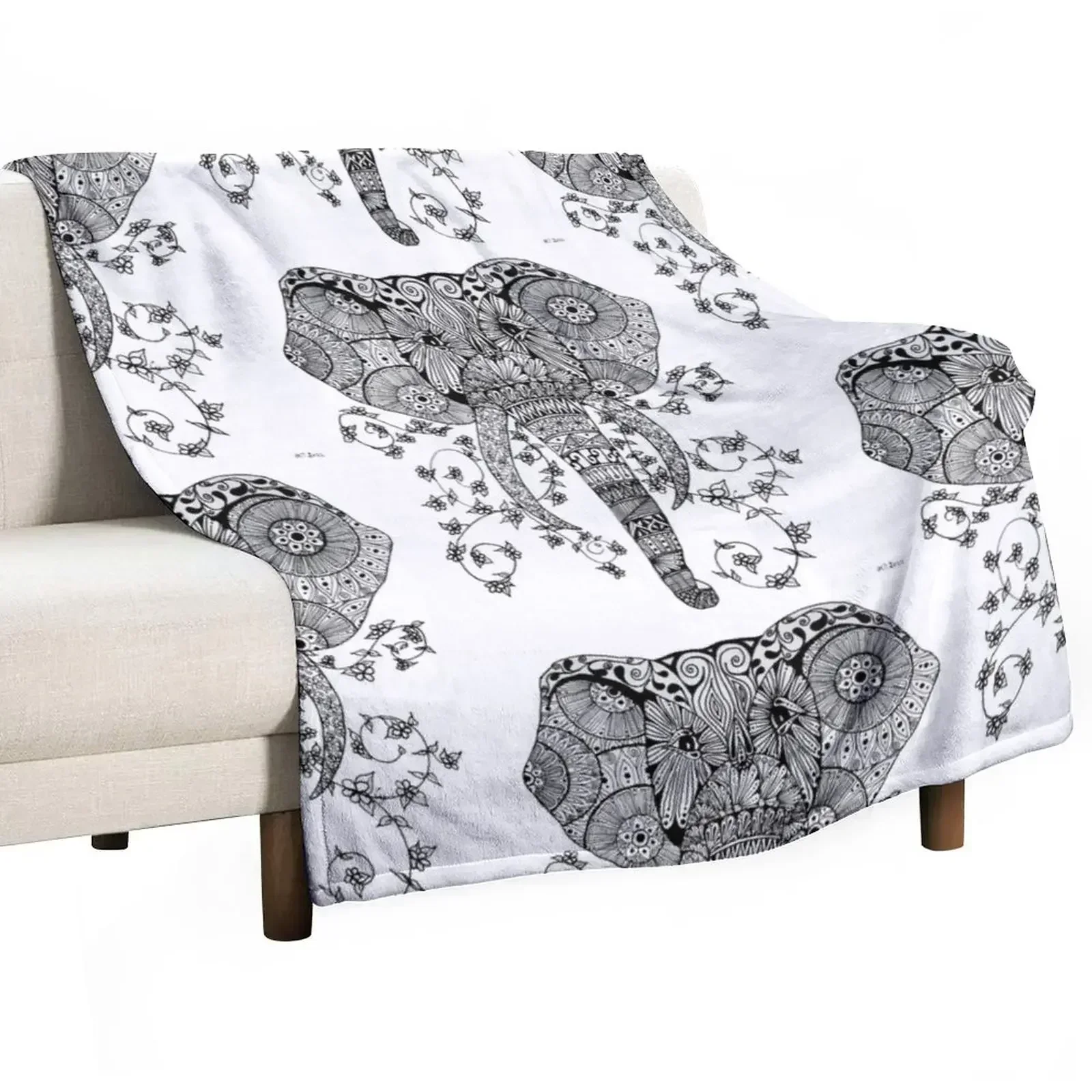 

Mandala 8 - Elephant hand drawn in mandala zentangle style Throw Blanket Bed Flannel Fabric Blankets