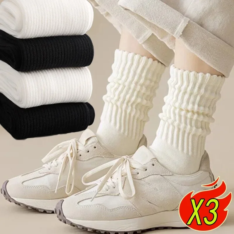 3 Pairs New Cashmere Wool Socks Women\'s Winter Thicken Warm Black White Gray Pack Set Thermal Japanese Fashion Solid Color Sock