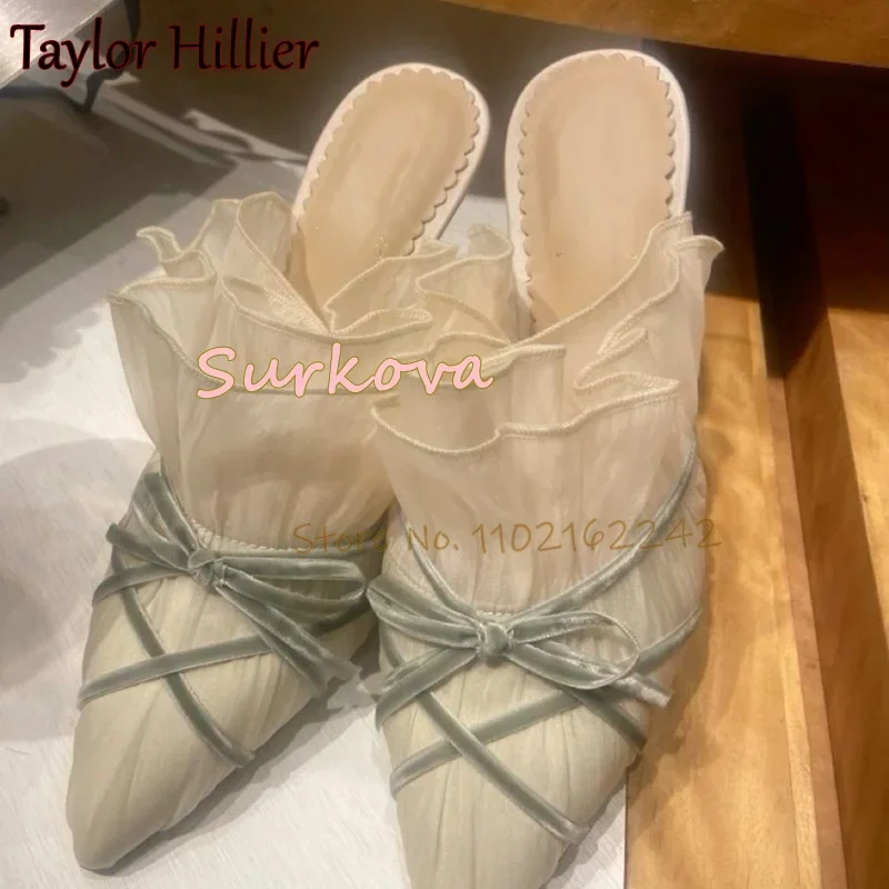 

2025 Spring Ruffle Slippers Pointed Toe Mid-Heel Bow High-Heel Slippers Elegant Dress Summer Sandals Slippers Female Gladiator