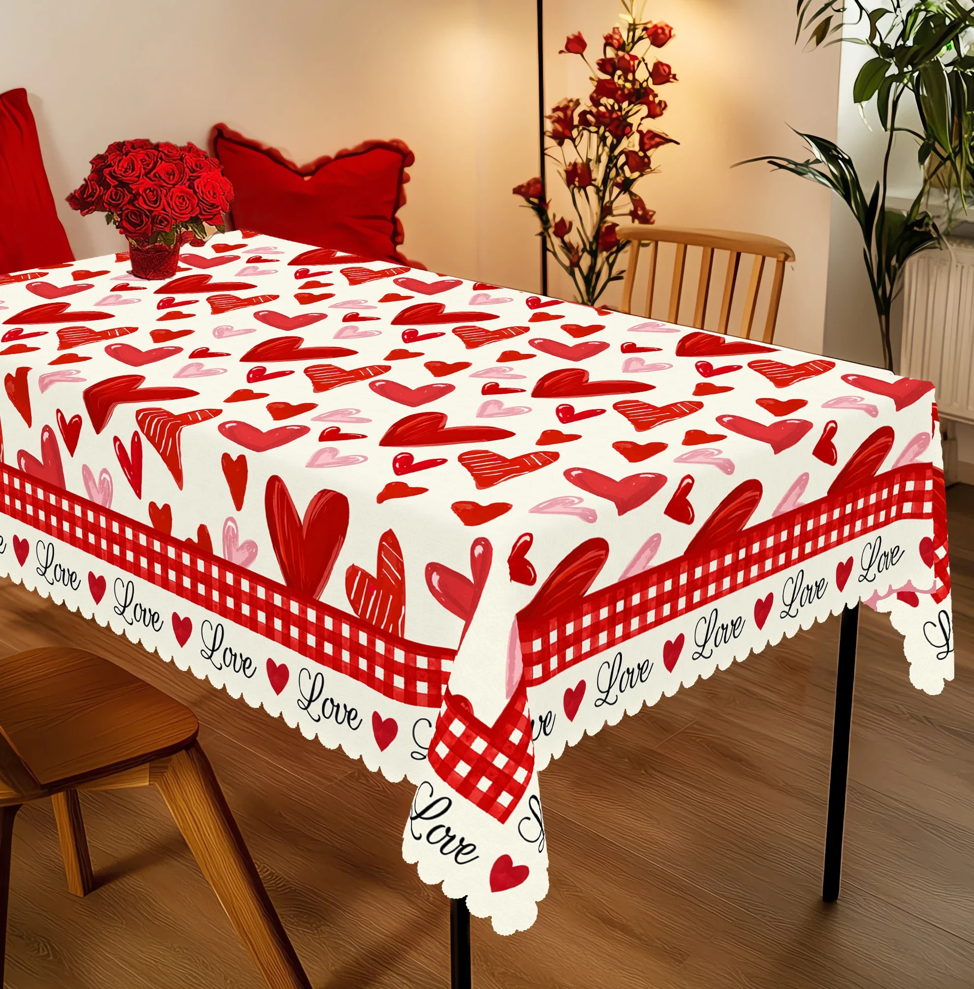 1 Piece of Valentine's Day Themed Round Tablecloth, Available in Various Sizes, with a Romantic Heart-Shaped Pattern as the Main Print, Paired with a Print of the Word 
