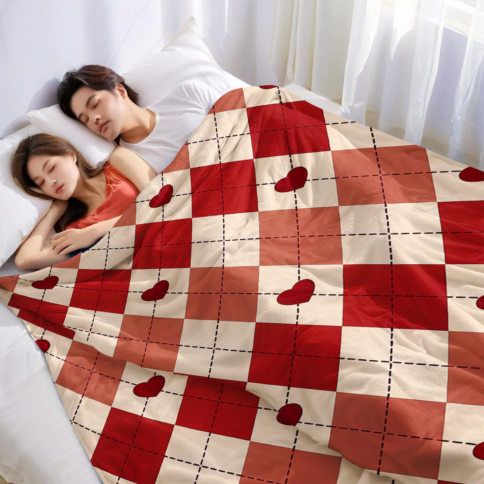 Red Heart Argyle Lightweight Microfiber Soft Christmas Fleece Blanket Warm Cozy Throw for Bed Sofa Office Travel All Season