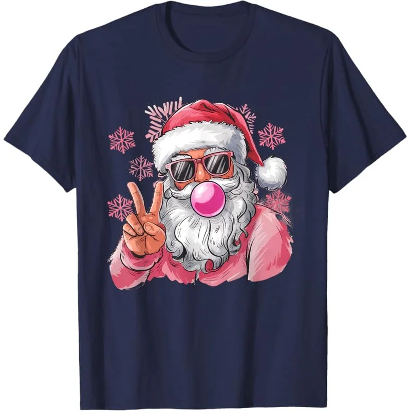 Retro Santa Christmas Blowing Bubble Pink Santa Xmas Funny T-Shirt