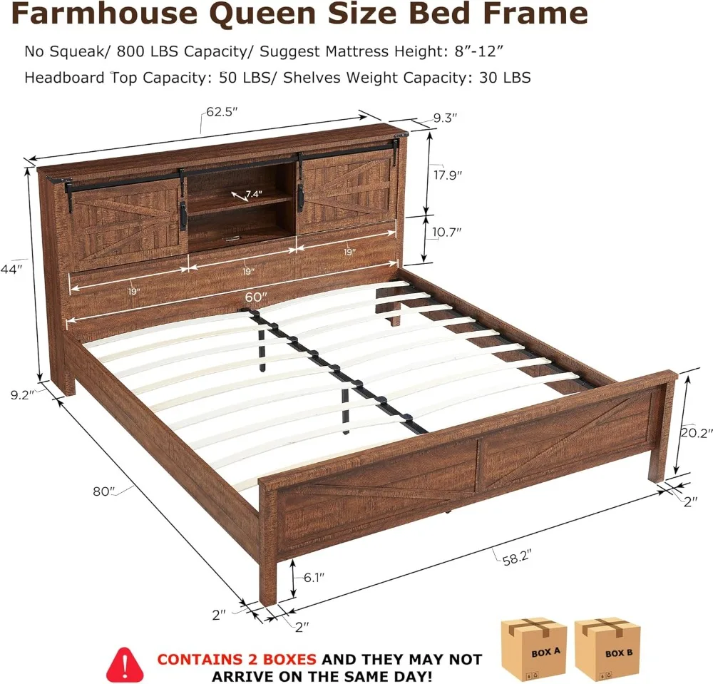 Bed Frame w/Storage Bookcase Headboard, Sliding Barn Door, Charging Station, Rustic Wood Platform Bed w/Wood Slats Support