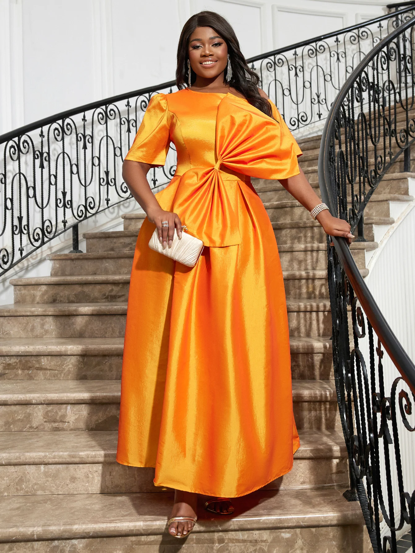 Élégante robe de princesse dégradée orange brillante, manches courtes initiées au froid, grand nœud plissé, ligne A, quelle que soit la soirée, le Rh, l'anniversaire