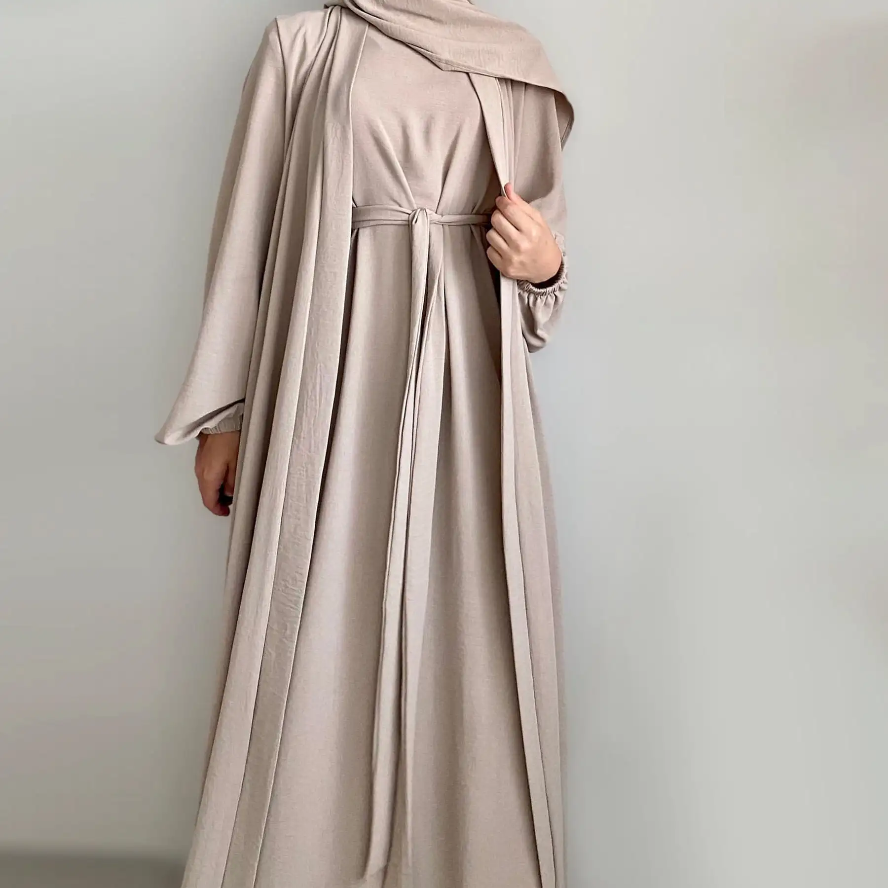 

2 Piece Abaya Kimono + Inner Dress Matching Muslim Set Women Dubai Luxury Ramadan Balloon Sleeve Wrinkles Islamic Outfit Kaftan