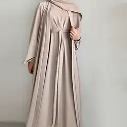 2 Piece Abaya Kimono + Inner Dress Matching Muslim Set Women Dubai Luxury Ramadan Balloon Sleeve Wrinkles Islamic Outfit Kaftan