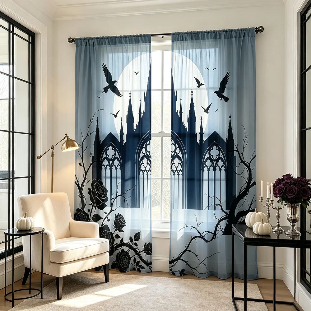 2PCS Gothic Sheer Curtains, Dark Castle Black Rose Crow Silhouette, Victorian Window Drapes for Gothic Bedroom Living Room Home