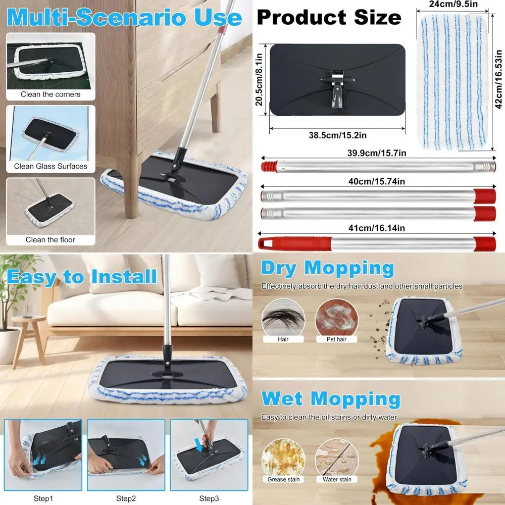 

Microfiber Flat Mop Set with 4 Pads and 58 Steel Handle for Hardwood Floor Cleaning, Wet & Dry Use