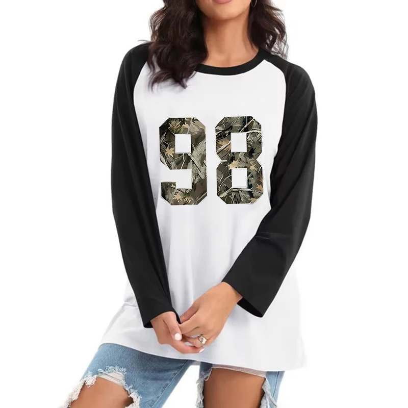 Lässiges, minimalistisches T-Shirt mit 98 Zweig-Aufdruck für Damen, 90er-Jahre-Rundhals-Langarm-T-Shirt, alle Jahreszeiten, 90er-Jahre-Vintage-T-Shirt im koreanischen Stil