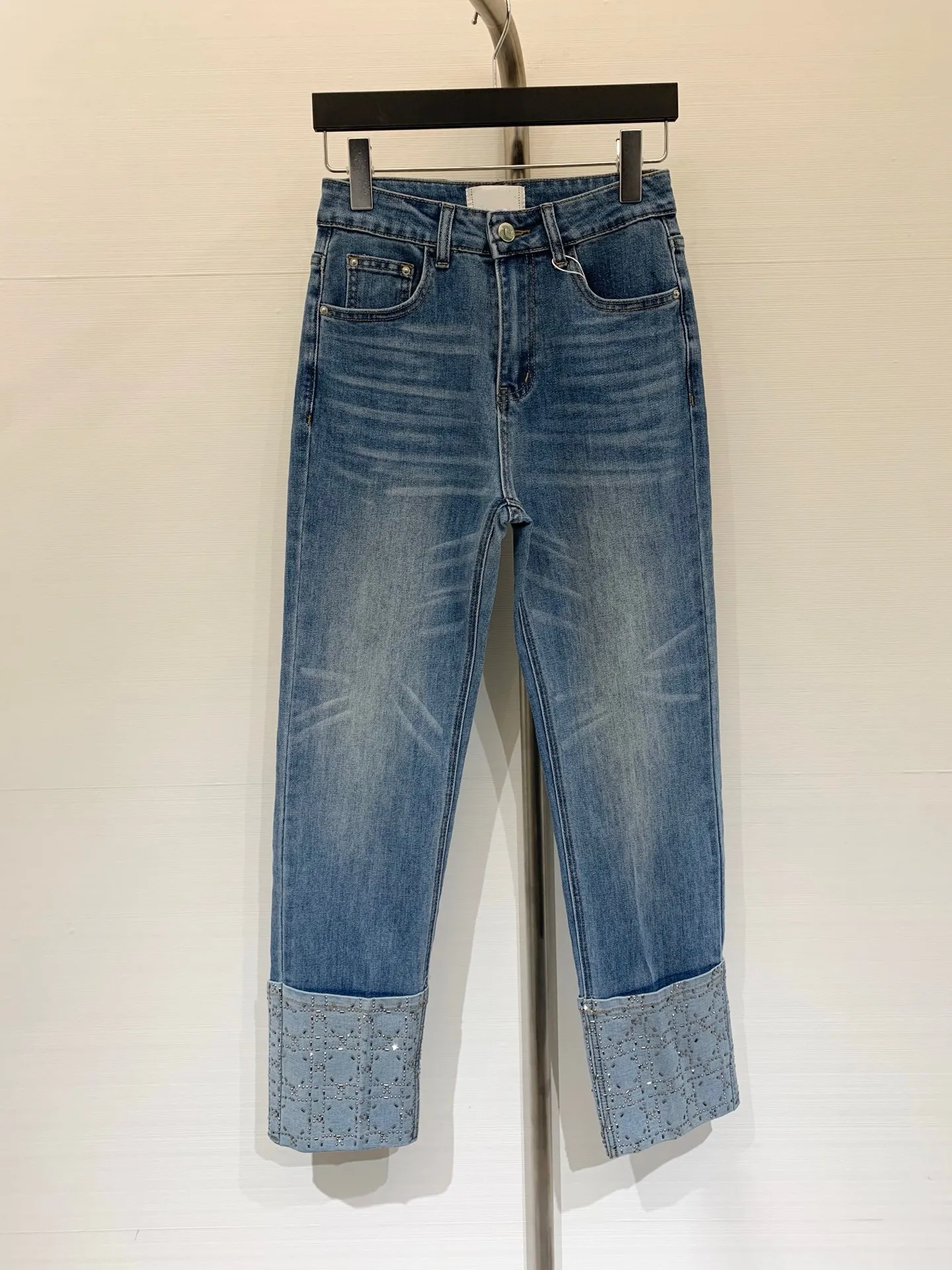 

2026 Spring New Women's Rhinestone Blue Slim Straight Jeans, Stretchy Nine-Minute Cigarette Pants