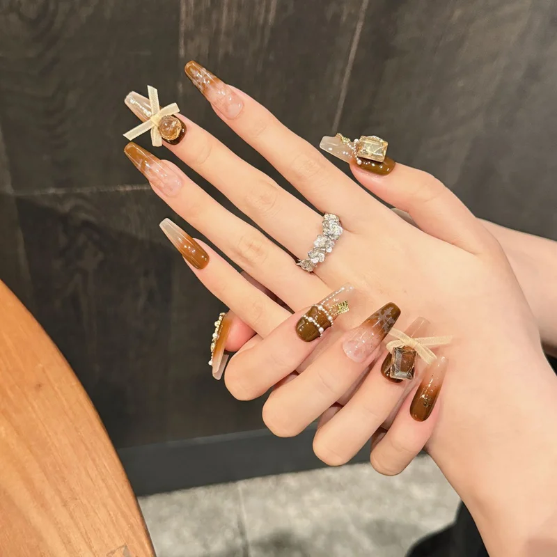 Passion Coffee | Autumn Winter Brown Long Coffin Press On Nails Maillard Fake Nails 10pcs Handmade Lovely Reusable Nail Art Tips