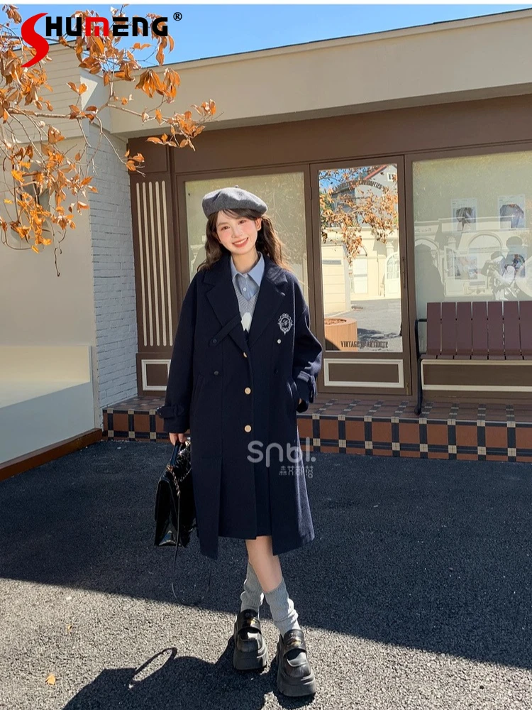 

Elegant Sweet Preppy Style Woolen Coats Embroidery Single-Breasted Loose Casual Versatile Long Trench Jackets for Women Autumn