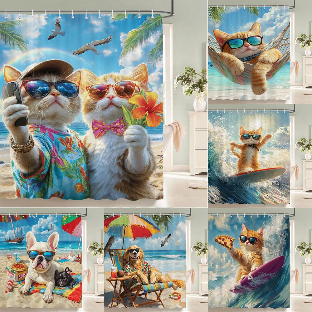 

Funny and Creative Beach Cats and Dogs Fabric Shower Curtain Waterproof Polyester Bath Curtains for Bathroom Decorate with Hooks