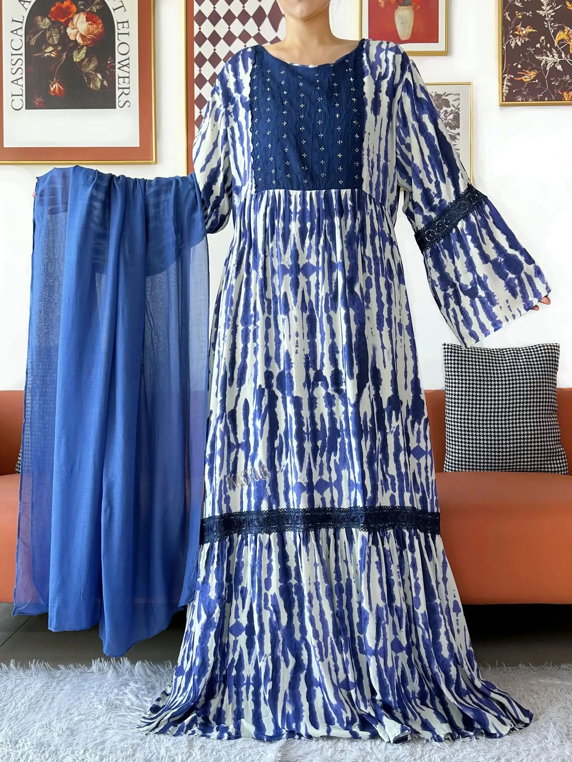 

Высокое качество Kashkha женское элегантное хлопковое платье Абая с принтом тай-дай с длинным рукавом свободное платье макси в стиле бохо повседневная мода африканские платья