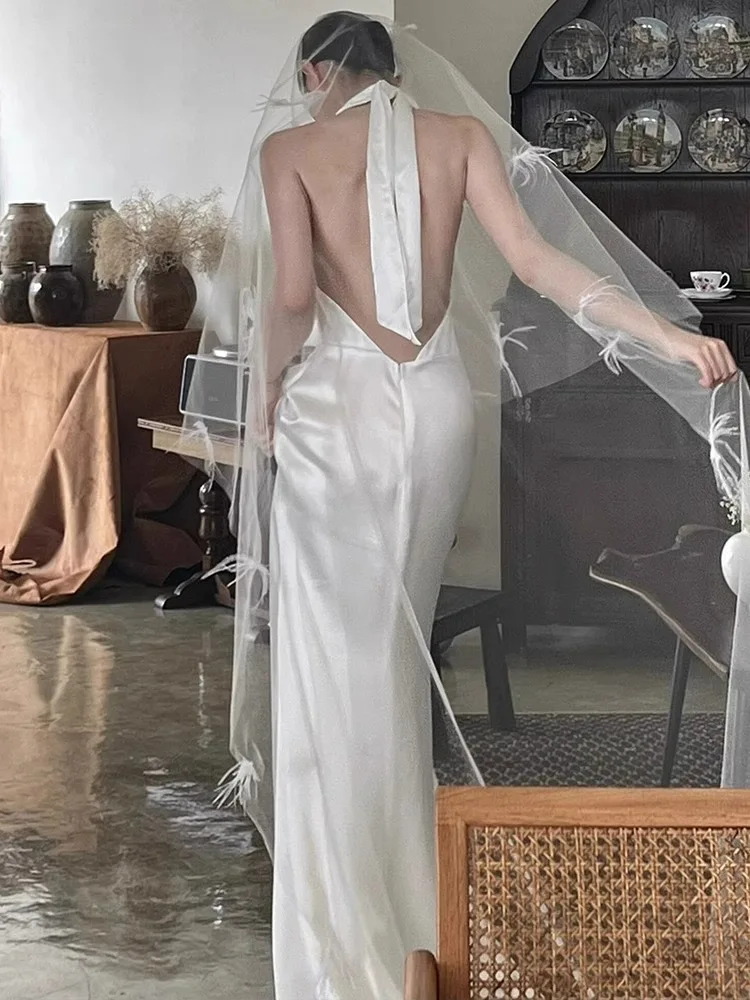 Ivory-vestidos de satén con cuello en V para mujer, vestido de noche de estilo francés, con espalda descubierta, alfombra roja de sirena para boda, 2024