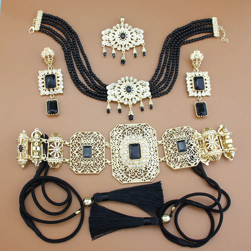 Sunspicems Gold Color Arabic Women Jewelry Sets Morocco Kaftan Belt Rope Tassels Beads Choker Necklace Crystal Earring Brooch