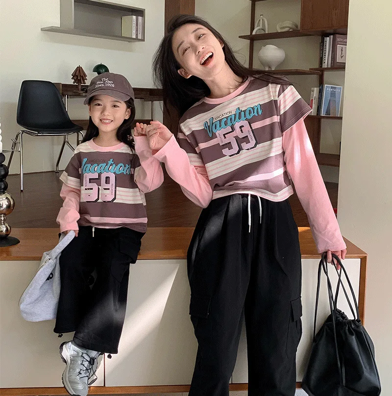 

Pink Long Sleeve T-shirt Mother and Daughter Equal Child Striped Tee Shirt Mom Baby Girl Fashion Clothes Women's T-shirt Korean