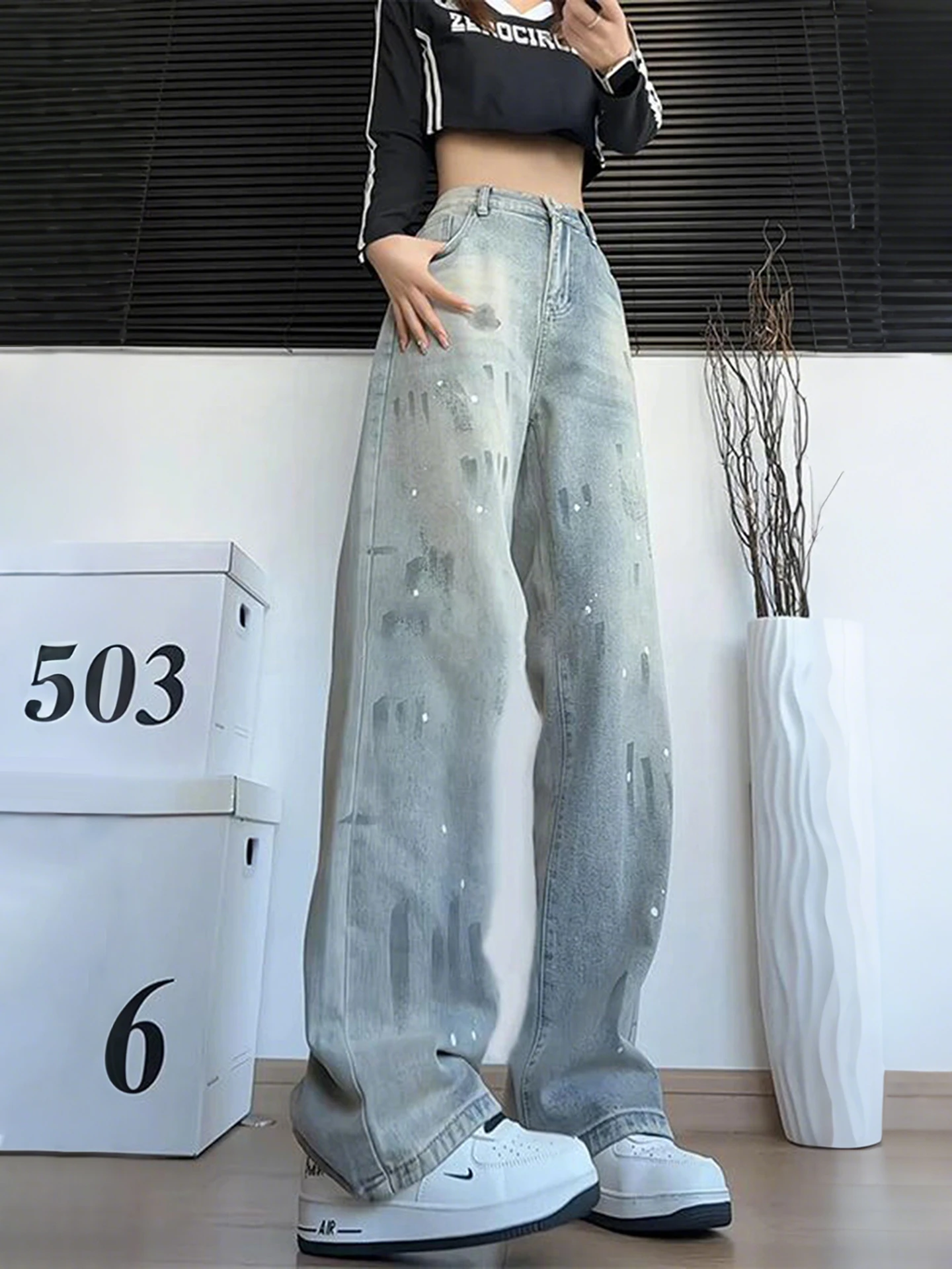 

American Sle Splaed Paint Dot Water Waed Straight Leg Oversize Haome Workwear Jeans Cotton Polyester Blend Youth Fas...