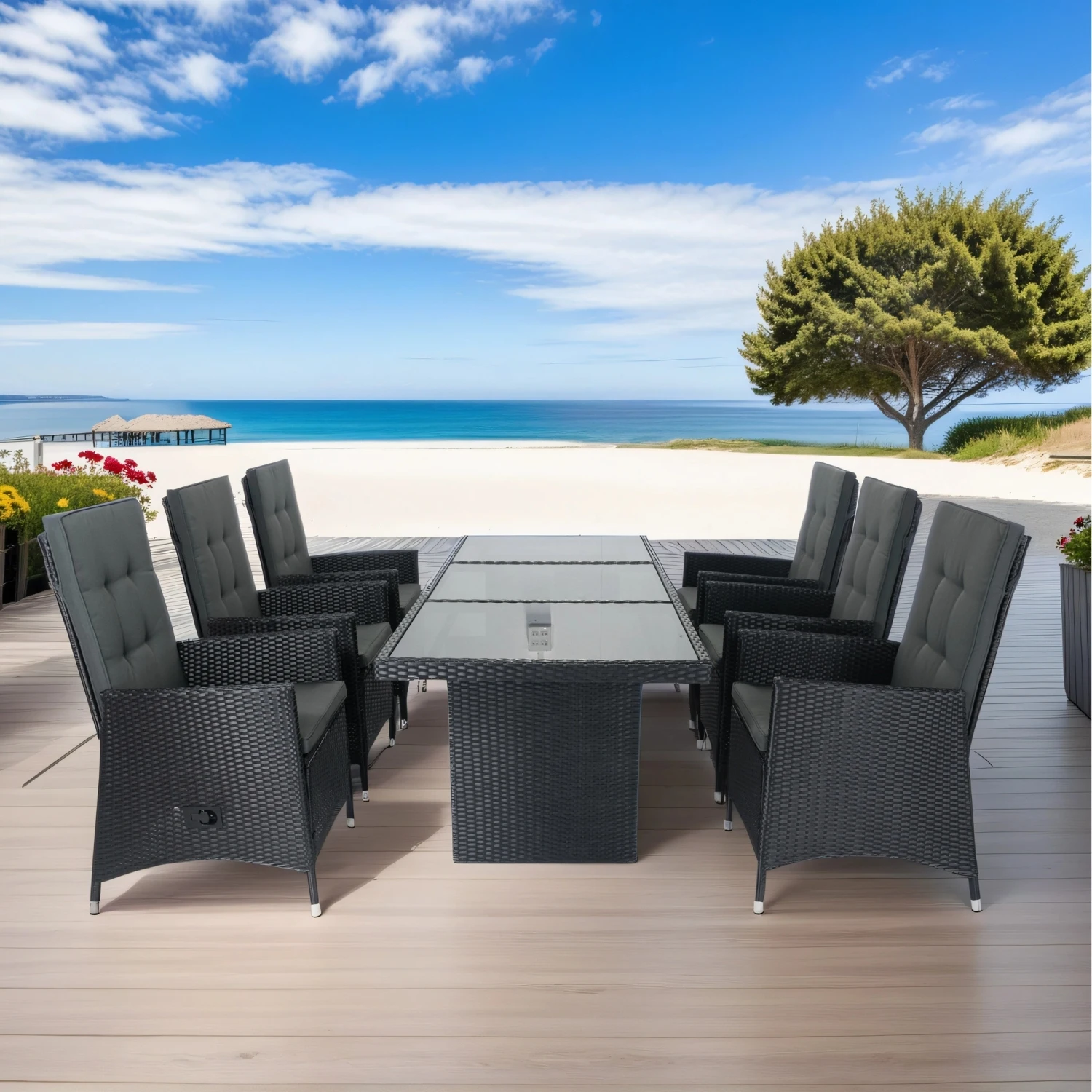 

7 Piece Outdoor Patio Wicker Dining Set Patio With Adjustable Backrest Black Wicker + Dark Grey Cushion