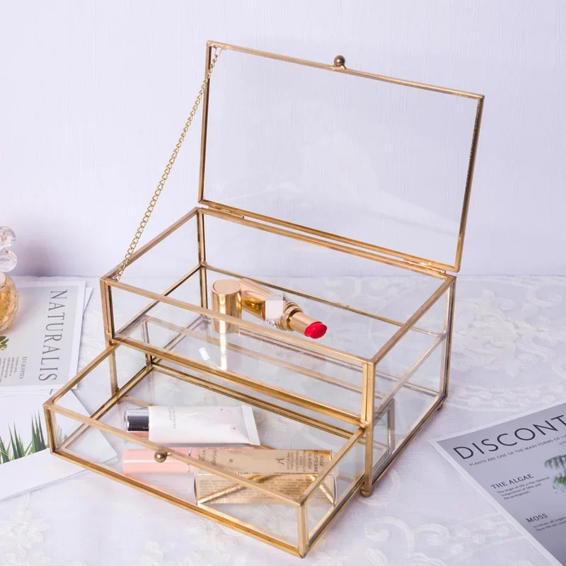 

Double Glass Jewelry Box Drawer Storage Decorative Display Boxes Jewelrys Organizer Tray Cosmetic Bins