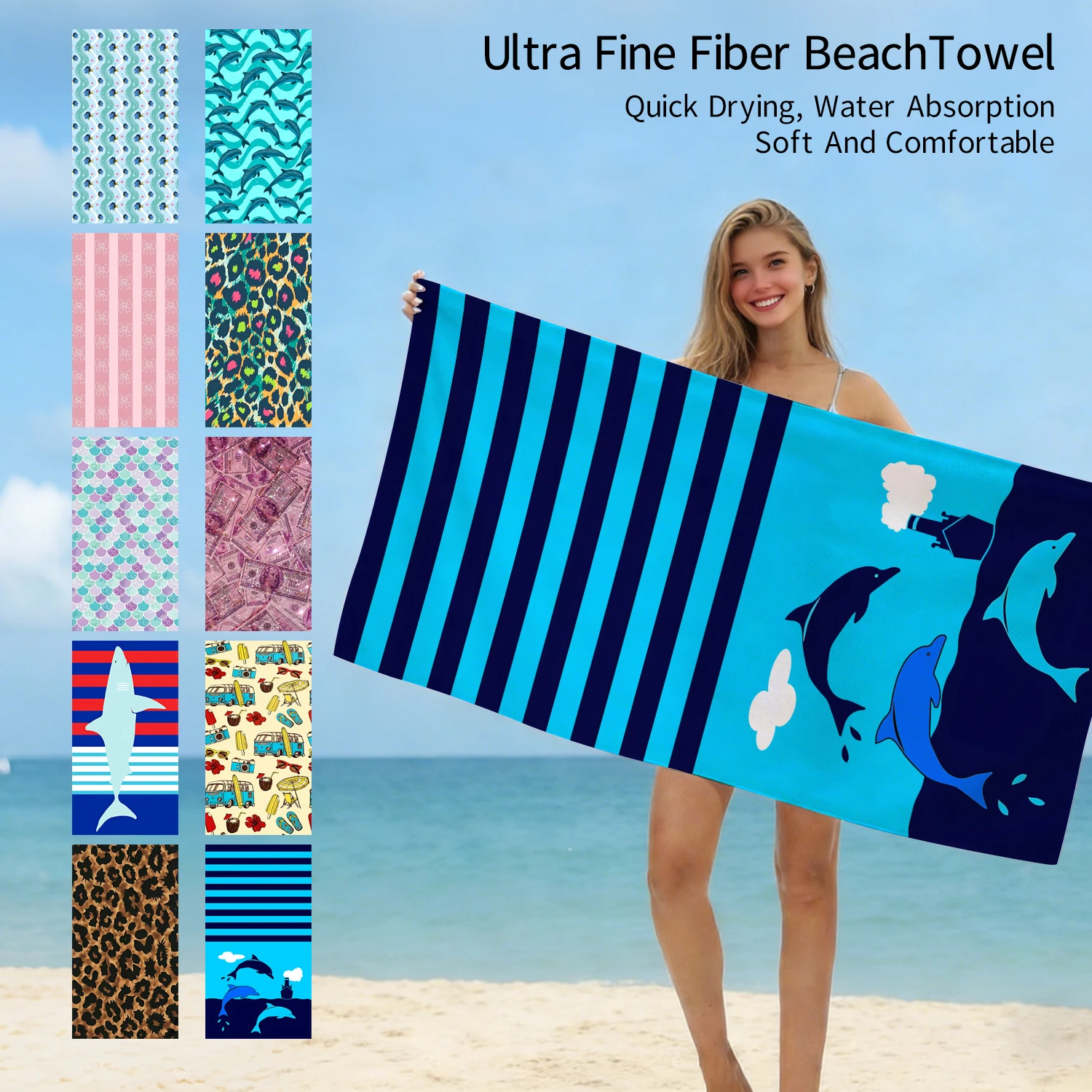 1 Stück gestreiftes Strandtuch mit Meeresmotiv, bedruckt, aus ultrafeiner Faser, schnell trocknendes, saugfähiges Strandtuch zum Schwimmen am Strand