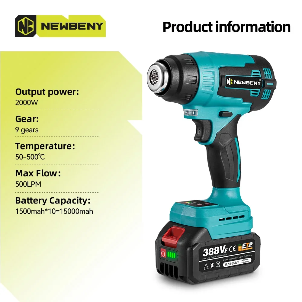 NEWBENY 2000W Pistola ad aria calda elettrica 9 marce con display a LED Strumento per asciugacapelli industriale senza fili per uso domestico per