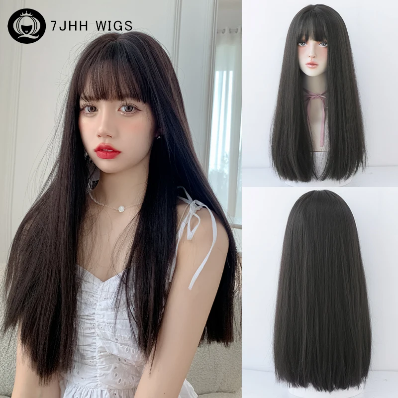 7JHH WIGS Syntetyczna peruka warstwowa w kolorze ciemnego brązu dla kobiet do codziennego użytku Peruki z długimi prostymi włosami o wysokiej gęstości z czarnymi włosami z schludną grzywką