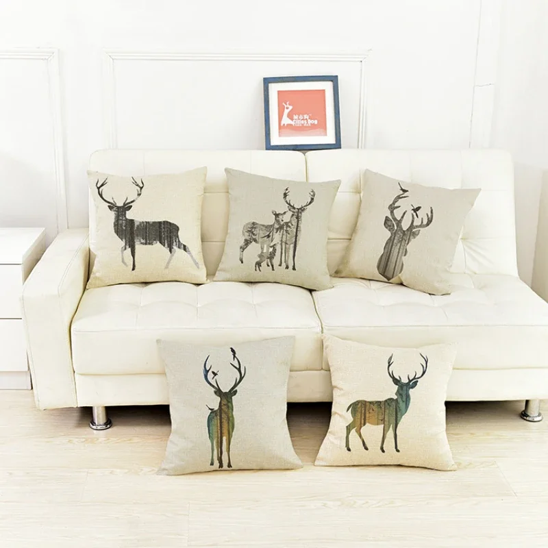 

European Style Deer Print Cushion Cover Polyester Linen Home Decoration Sofa Decoration Soft Hand Feel Party Celebration