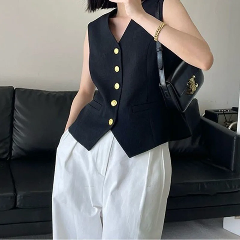 Vests Women Solid Defined Waist V-neck Chic Temperament Office Lady Retro Button Trendy Clothing All-match Summer Outerwear Ins