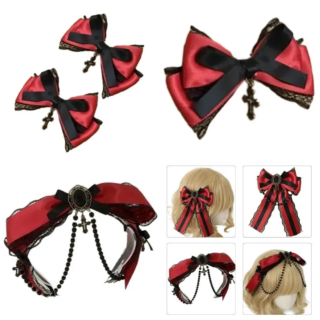 

31BB Goth Ribbon Double Bowknot Hair Clip for Women Girl Trendy Bowknot Long Tassels Hair Clip Halloween Styling Hairband