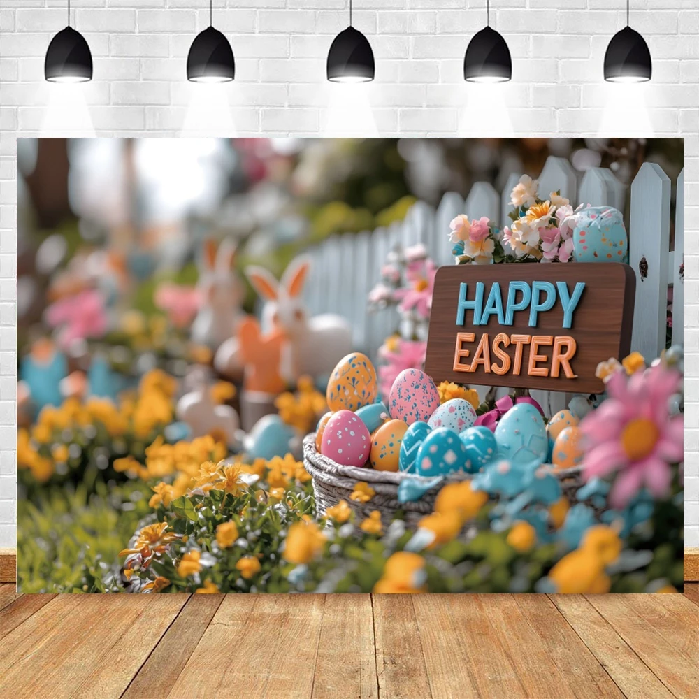 خلفية ديكور عيد الفصح السعيد للتصوير الفوتوغرافي لحديقة الربيع والأرانب والبيض والزهور والعشب للأطفال وصورة خلفية للصور