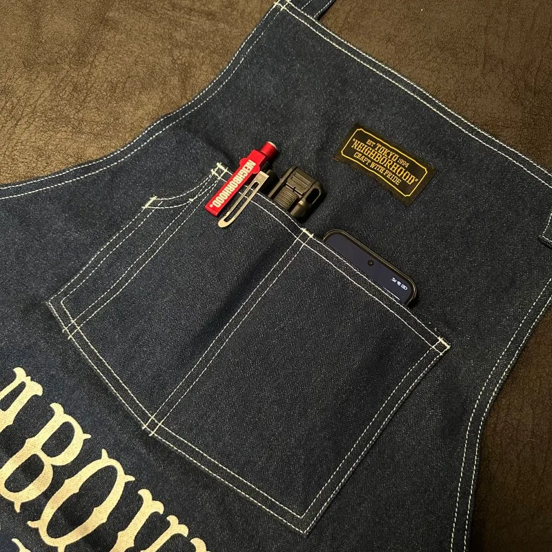 NBHD Vintage Washed Denim Fabric Monogram Print Coffee Shop Workwear Cargo Apron Craftsman Cover-Up