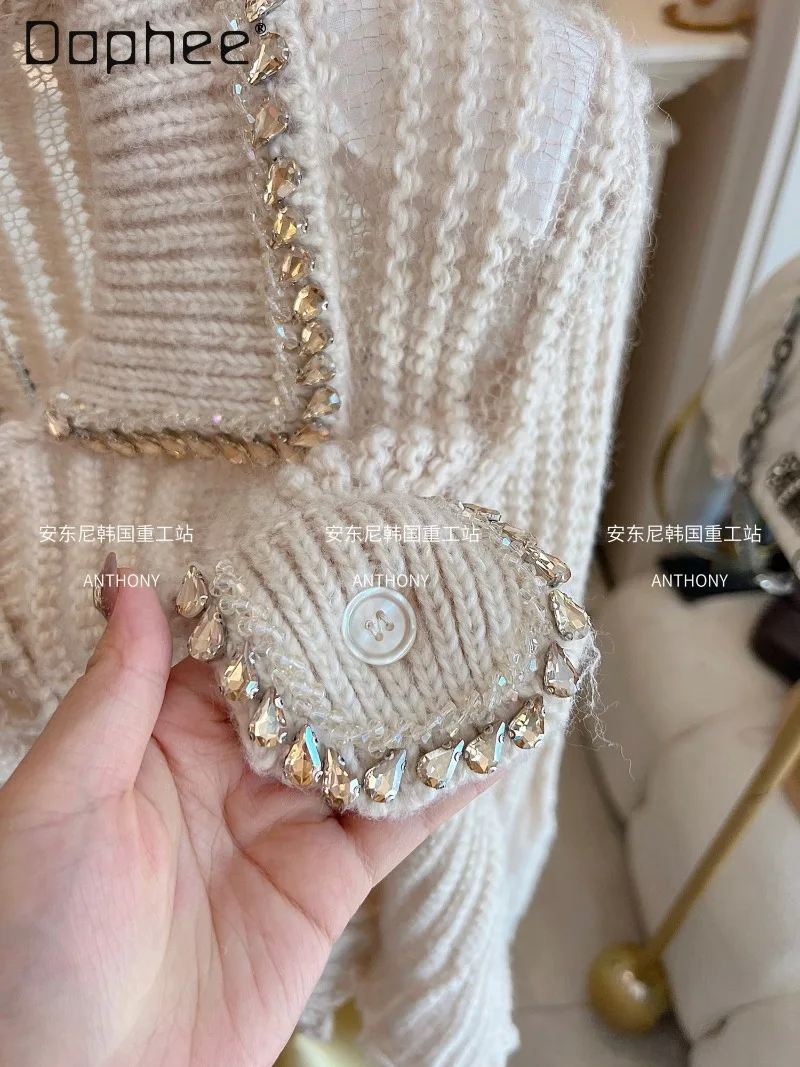 الموهير الماس رصع سترة المرأة الخريف الشتاء موضة جديدة فضفاضة البلوز واحدة الصدر عادية محبوك اقتصاص سترة