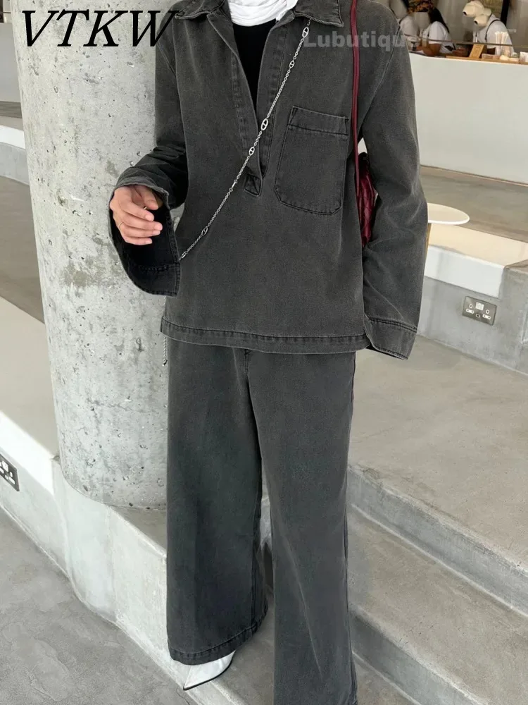

Свободный джинсовый топ с капюшоном VTKW, новинка весны 2024, женский пиджак, однотонные универсальные брюки, комплект из двух предметов