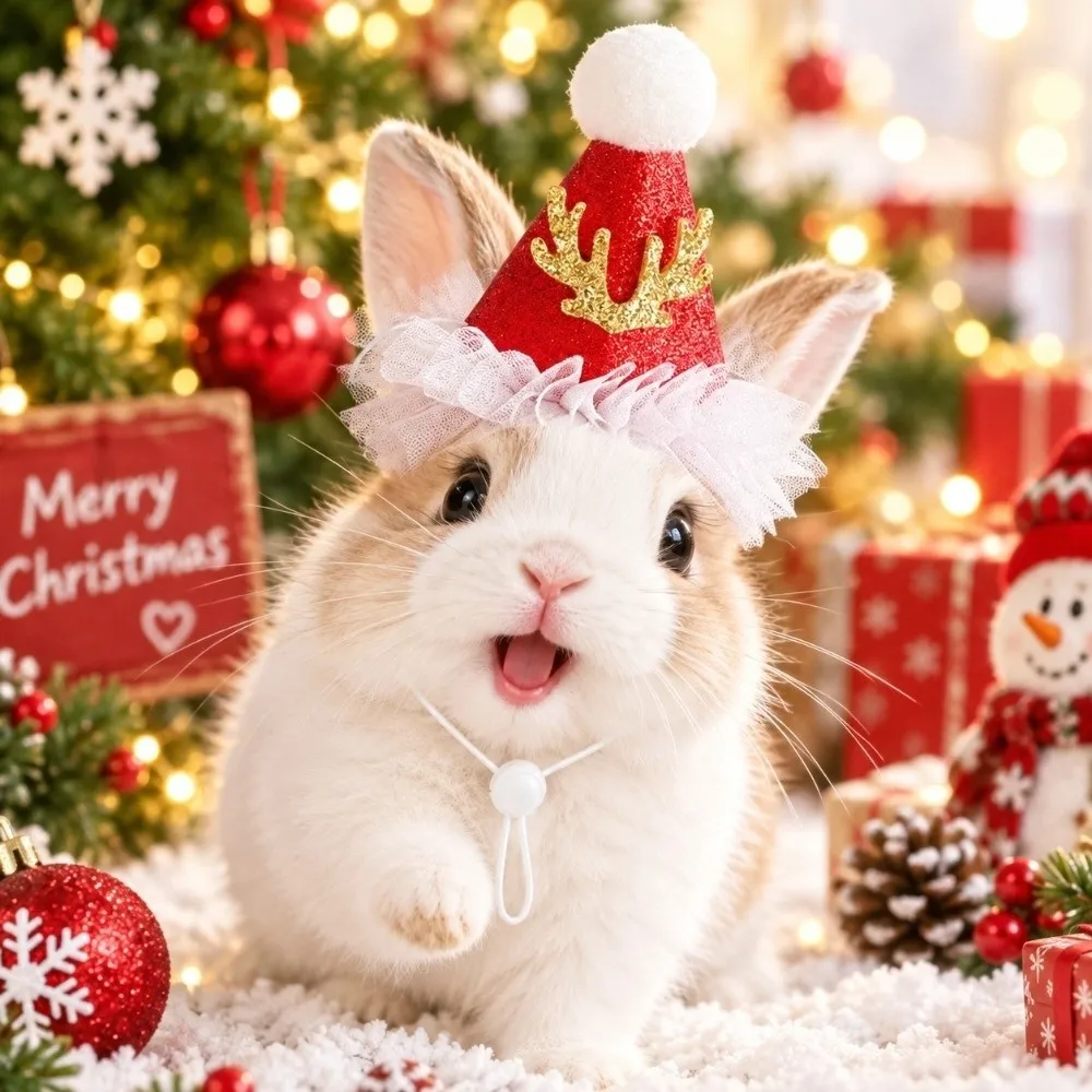 Handmade Christmas Pet Hat Knitted Yarn Soft Pompon Dog Knitted Bonnet Lightweight Fit Adjustable Strap Cat Santa Cap