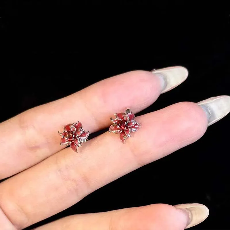 خمر الأحمر المينا زهرة أقراط صغيرة للنساء الفرنسية الحلو لطيف هندسية شخصية ثقب القرط مجوهرات الزفاف