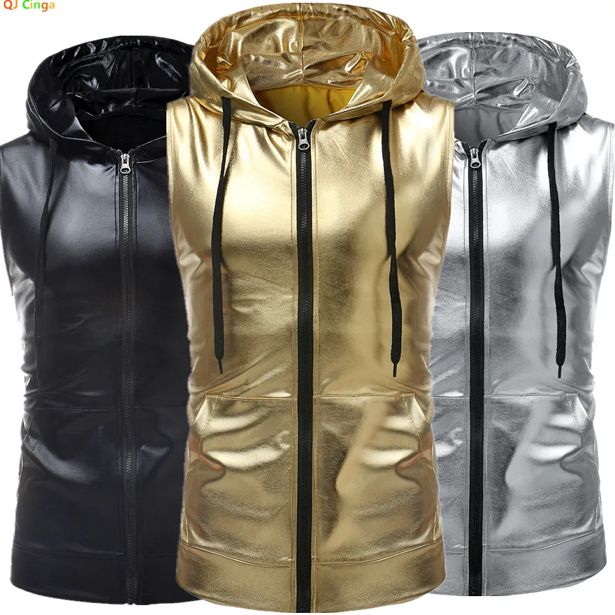 Gold Mens Hooded Vest Jacket,Zipper Access Sleeveless Vests Coat, Silver/Black Waistcoat, Size S-XXL