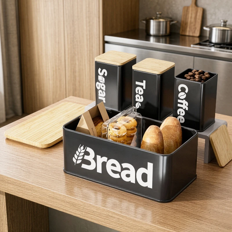 Bamboo Lid Canister Set with Bread Box Airtight Coffee Sugar Toast Storage Jars Kitchen Pantry Countertop Organizer 대나무 뚜껑 수납통