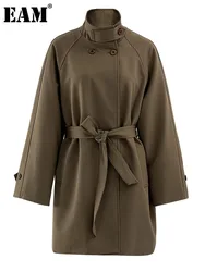 [EAM] Women Khaki Belted Big Size Elegant Trench New Stand Collar Long Sleeve Windbreaker Fashion Spring Autumn 2024 CPG2261