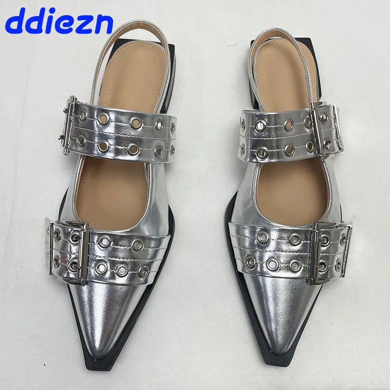 Footwear Silver Women Flats With Shoes Shallow Slingbacks Buckle Fashion Pointed Toe Ladies Flats Sandals Shoes Big size