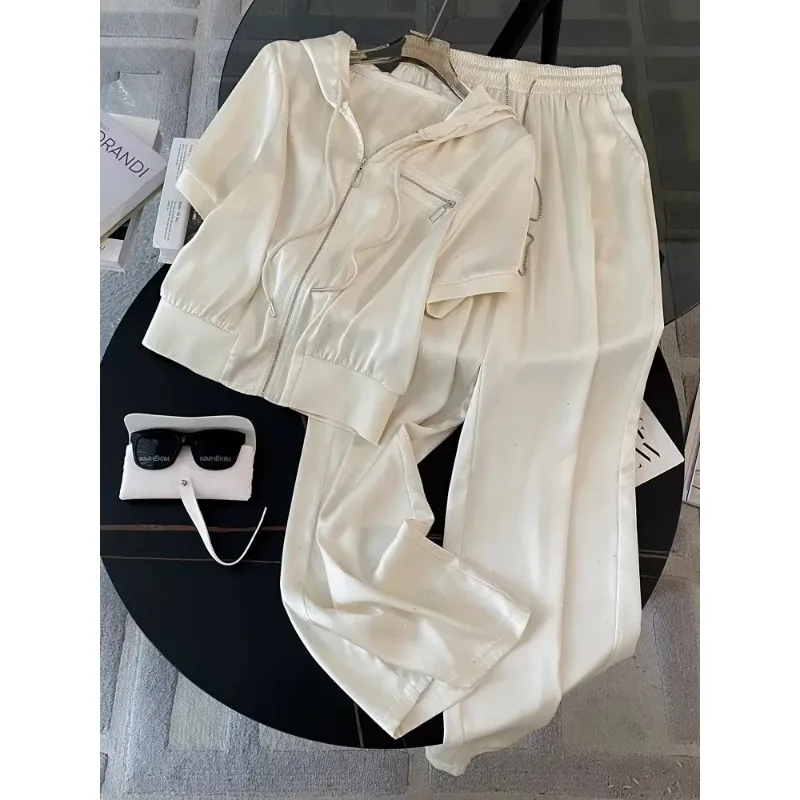 

Women's Plus Size Glitter Satin Tracksuit Hooded Zip Up Jacket Wide Leg Pants Casual Sporty Two Piece Set In Black