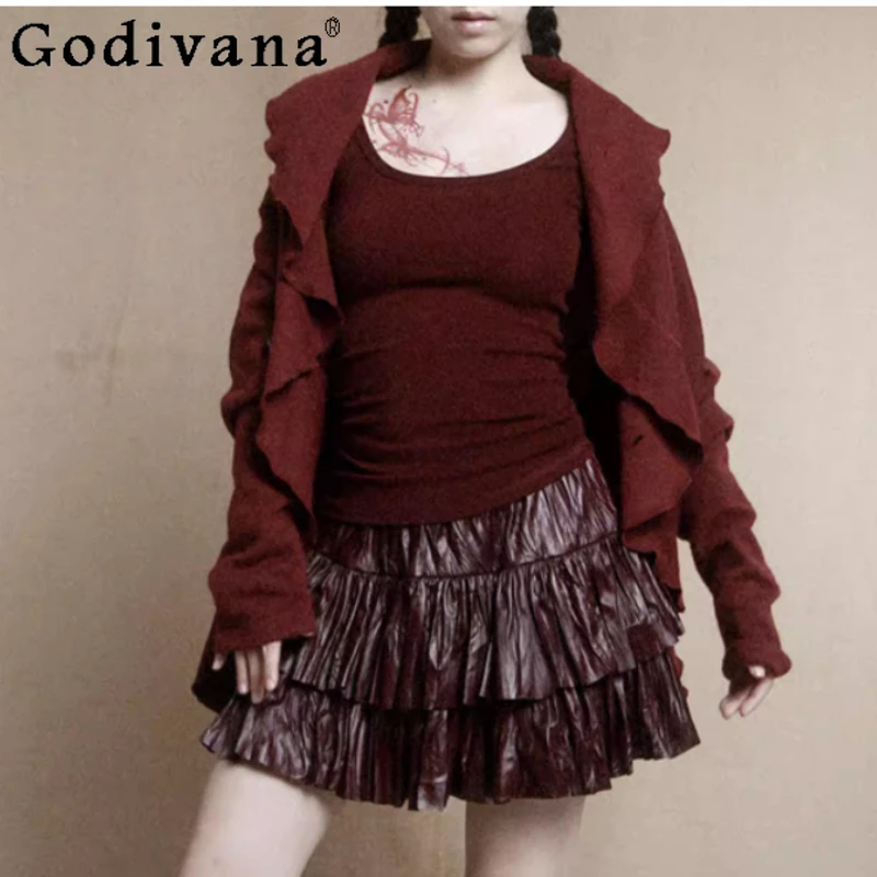 

Весенне-летняя кожаная плиссированная юбка-трапеция с высокой талией, модная, омолаживающая, в стиле ретро, однотонная, для отдыха